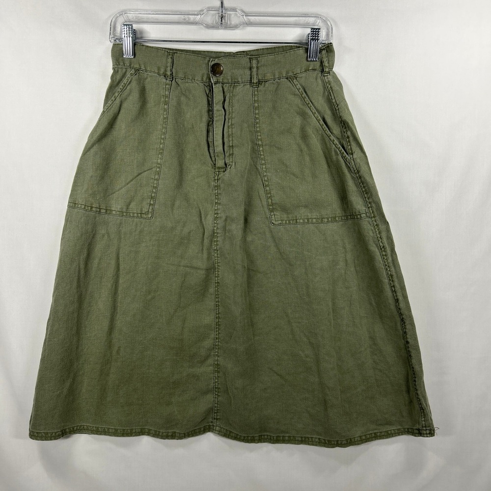 Vintage 2000s Artisan NY Olive Green 100% Linen Cargo Pocket Skirt Size US 6